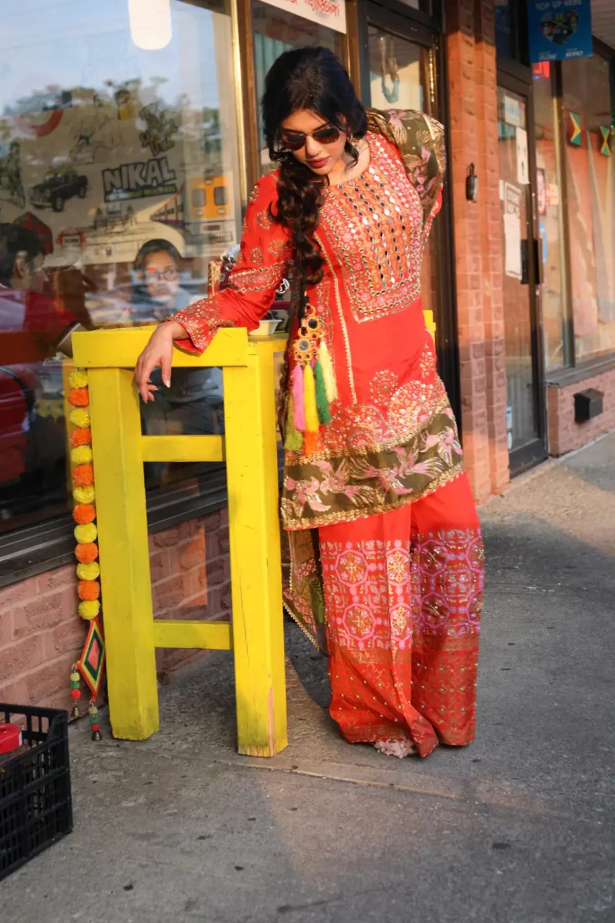 Bani- Carrot Red Block Printed Pakistani Shalwar Suit