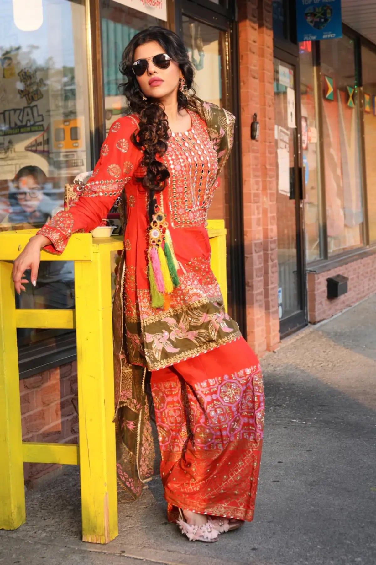 Bani- Carrot Red Block Printed Pakistani Shalwar Suit