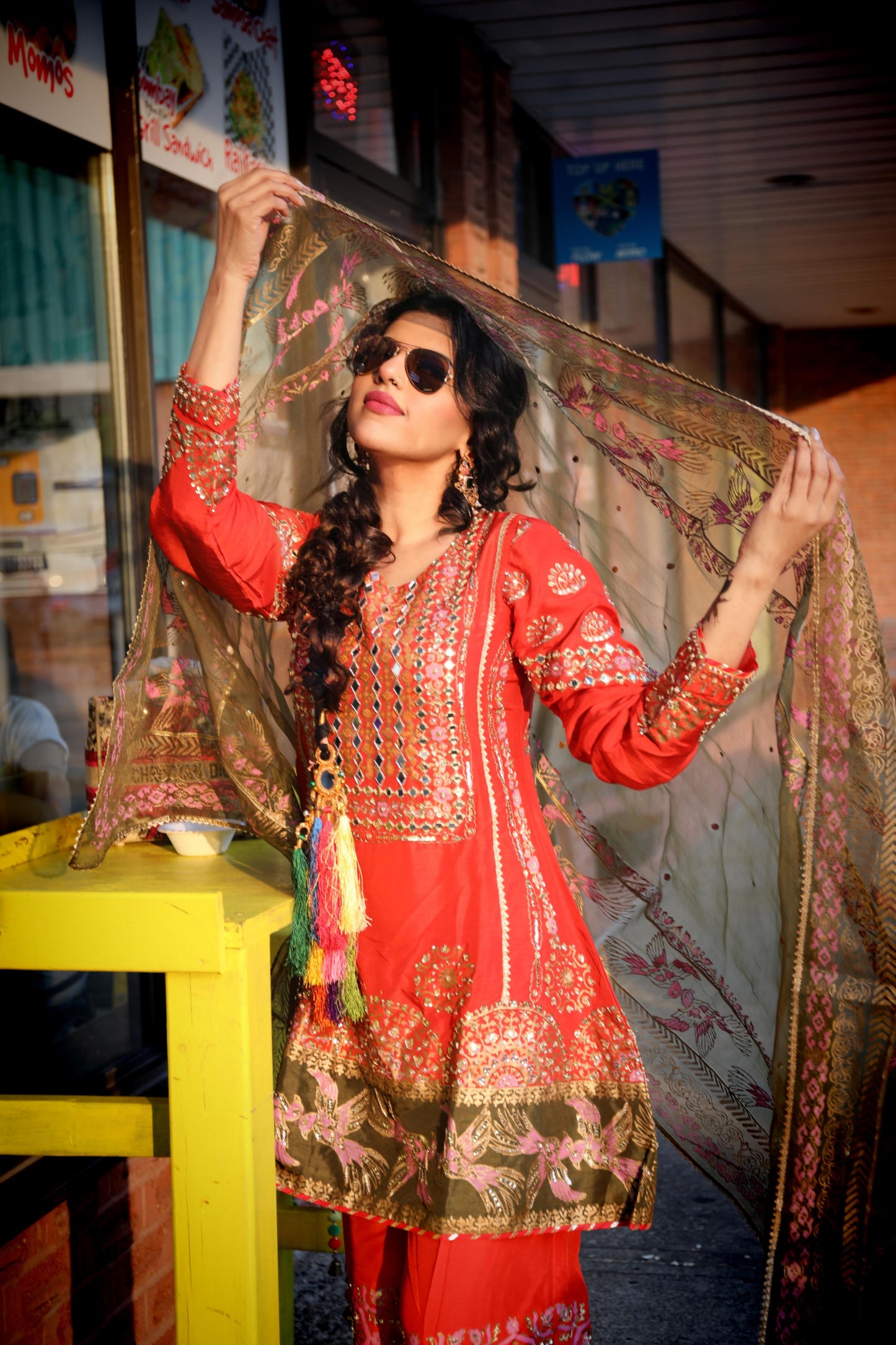 Bani- Carrot Red Block Printed Pakistani Shalwar Suit