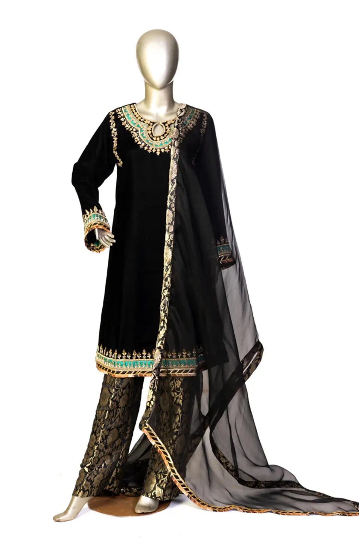 Black Radiance-Embroidery detailed velvet dress for Pakistani Parties