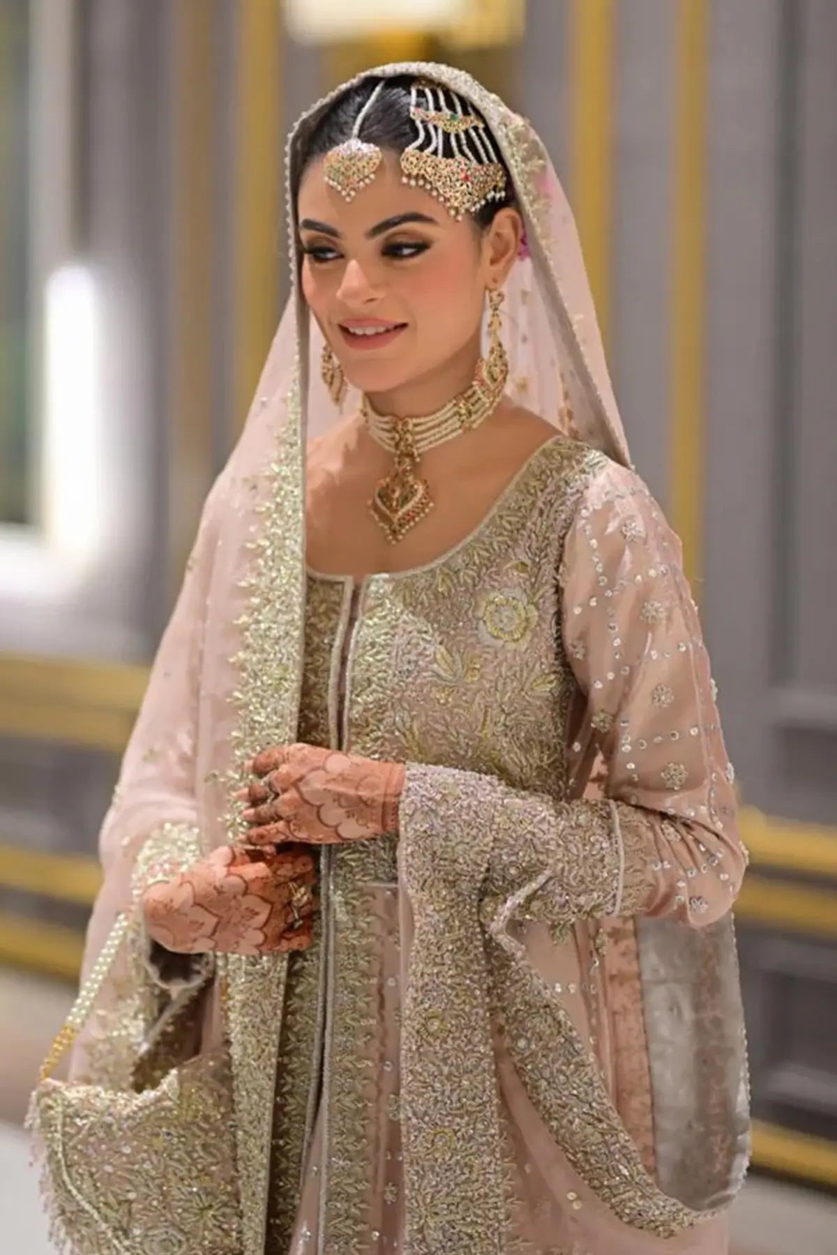 rose gold wedding dress pakistani Hand Embellished Peach Pink Bridal Dress, Pakistani Indian Walima Suit,