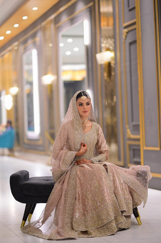 Blush pink Pakistani bridal reception lehenga by MariamRaj with embroidered tissue gown, matching lehenga, and net dupatta – ideal for valima and wedding events.