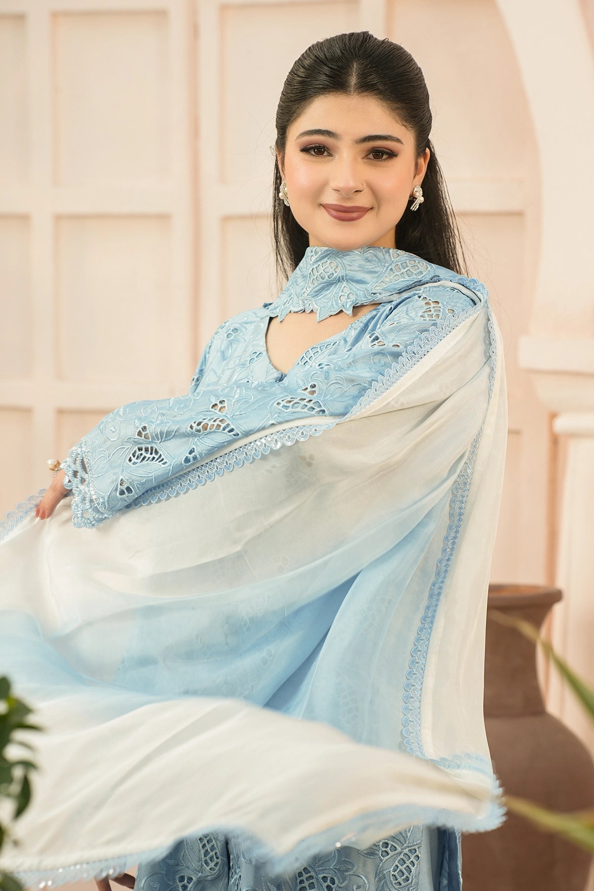 Camille Powder Blue Cutwork Sheesha Silk Balloon Pants 3PC Set with 3D Appliqué Choker Dupatta by MariamRaj