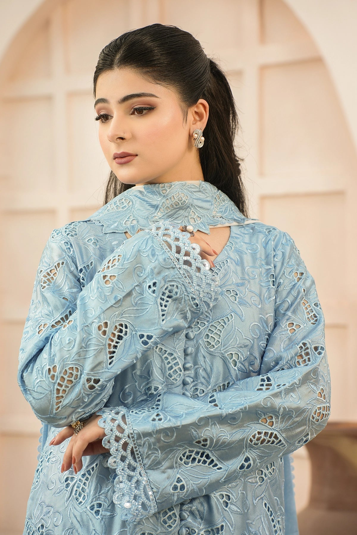 Camille Powder Blue Cutwork Sheesha Silk Balloon Pants 3PC Set with 3D Appliqué Choker Dupatta by MariamRaj