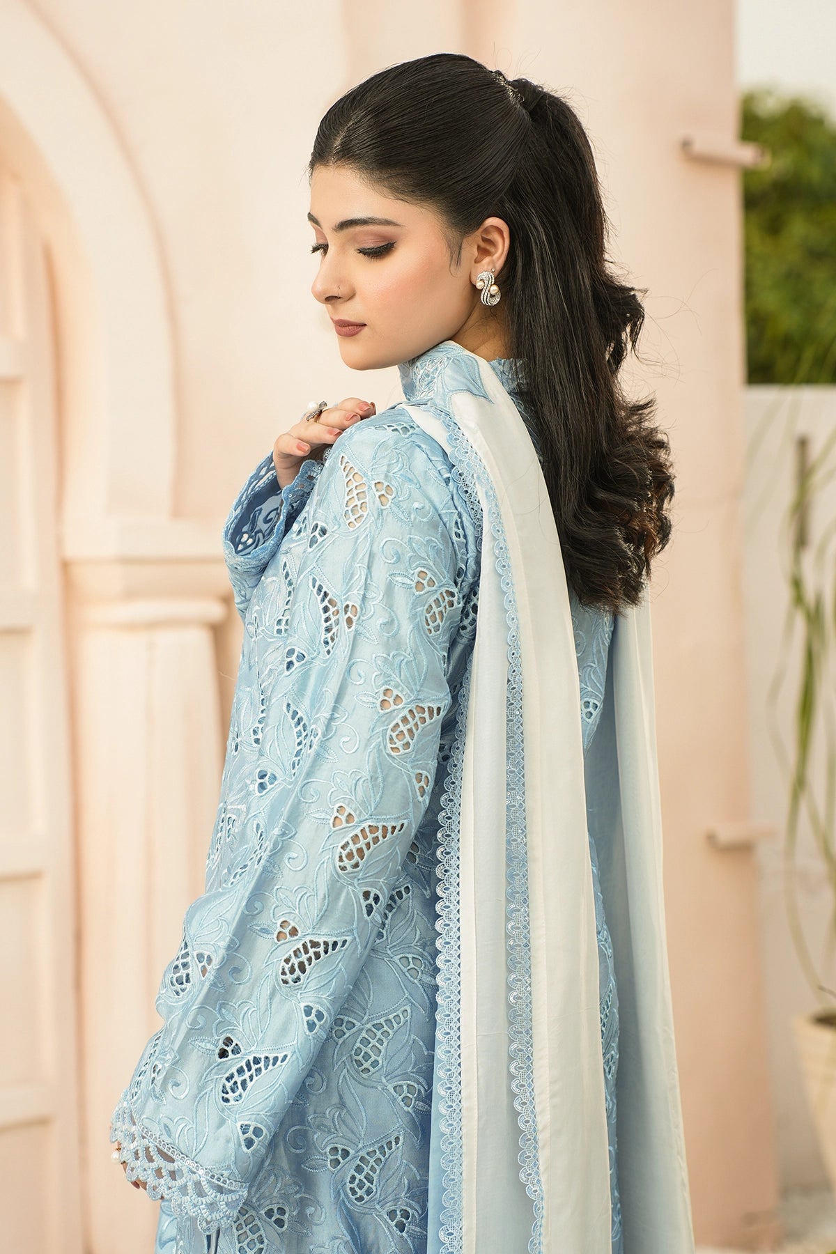 Camille Powder Blue Cutwork Sheesha Silk Balloon Pants 3PC Set with 3D Appliqué Choker Dupatta by MariamRaj