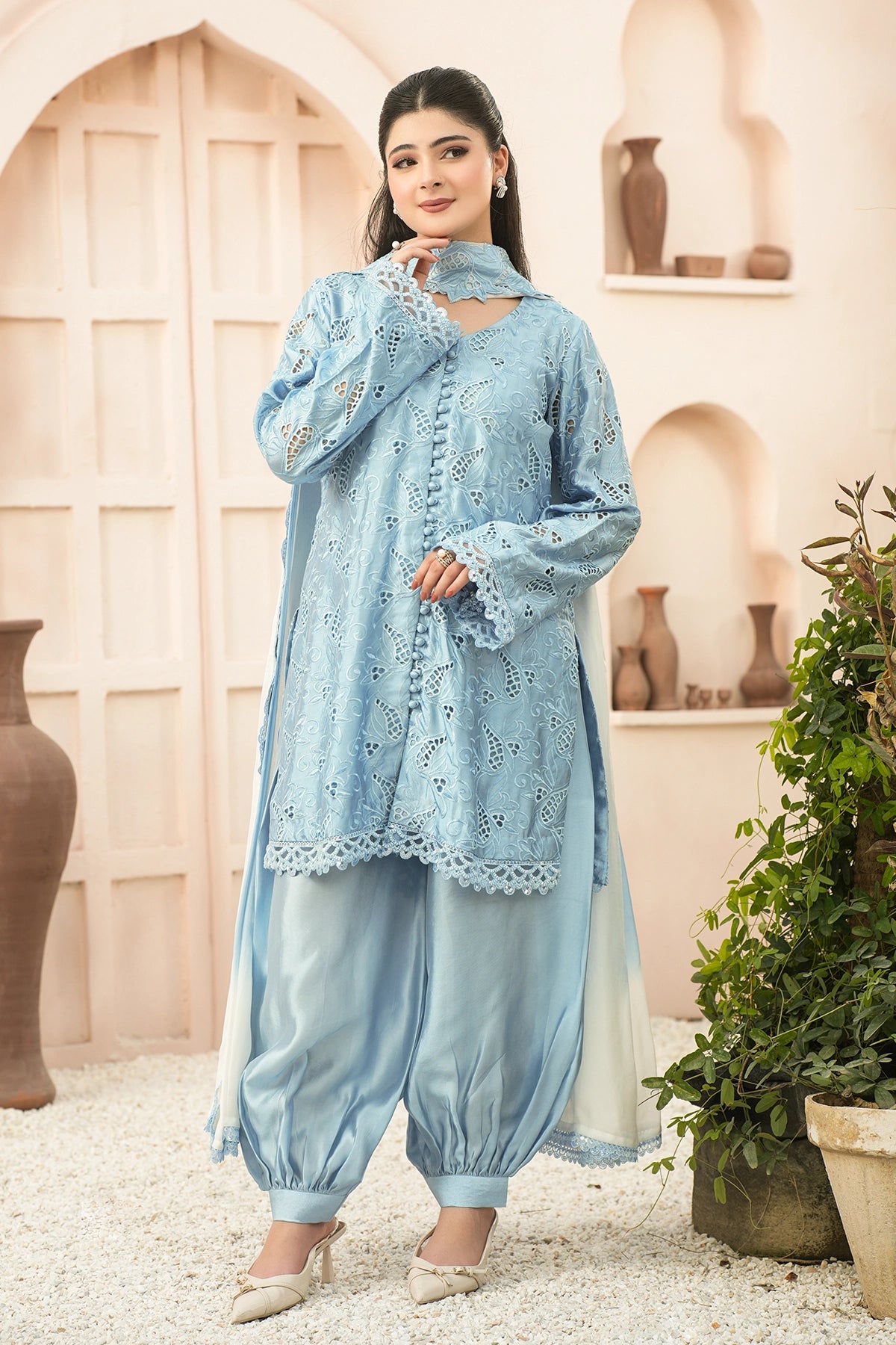 Camille Powder Blue Cutwork Sheesha Silk Balloon Pants 3PC Set with 3D Appliqué Choker Dupatta by MariamRaj