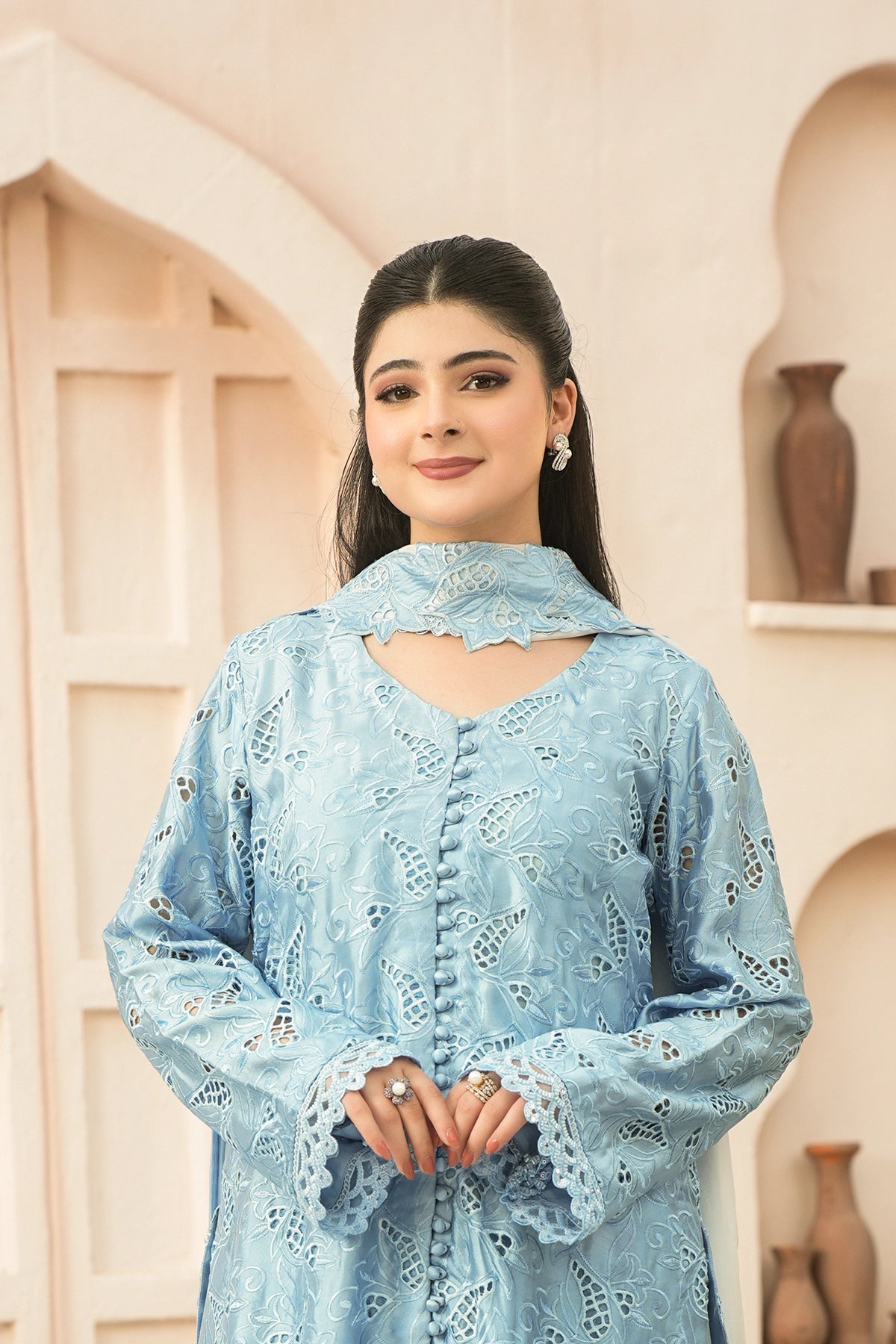 Camille Powder Blue Cutwork Sheesha Silk Balloon Pants 3PC Set with 3D Appliqué Choker Dupatta by MariamRaj