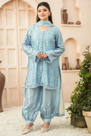 Camille Powder Blue Cutwork Sheesha Silk Balloon Pants 3PC Set with 3D Appliqué Choker Dupatta by MariamRaj