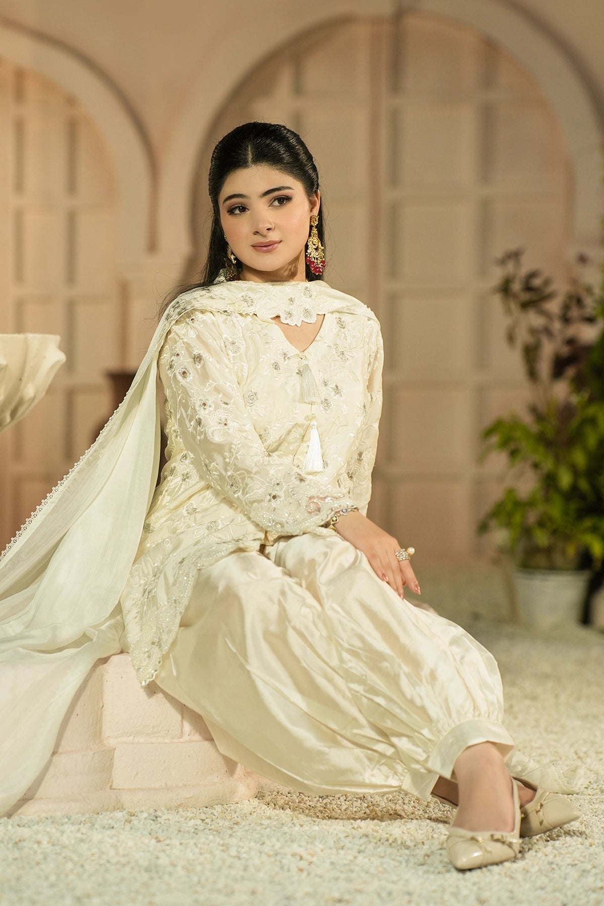 Celeste Pearl White Sheesha Silk Formal Suit with tassel detail, floral embroidery, balloon pants and silk choker dupatta