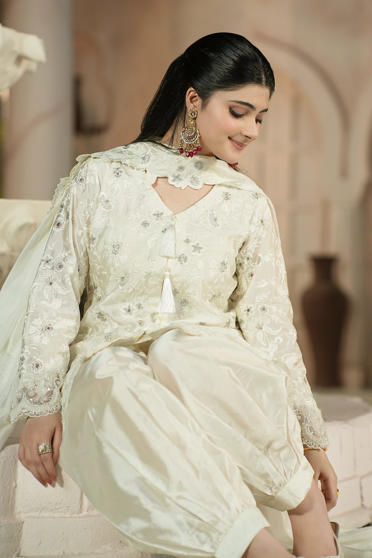 Celeste Pearl White Sheesha Silk Formal Suit with tassel detail, floral embroidery, balloon pants and silk choker dupatta