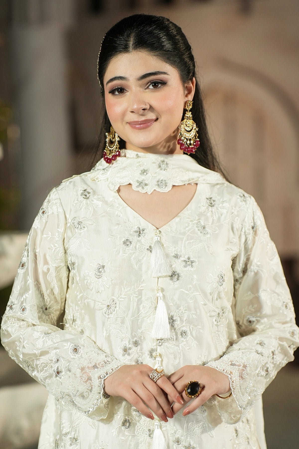 Celeste Pearl White Sheesha Silk Formal Suit with tassel detail, floral embroidery, balloon pants and silk choker dupatta