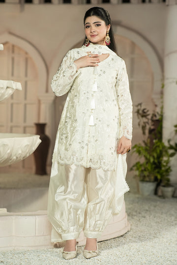 Celeste Pearl White Sheesha Silk Formal Suit with tassel detail, floral embroidery, balloon pants and silk choker dupatta