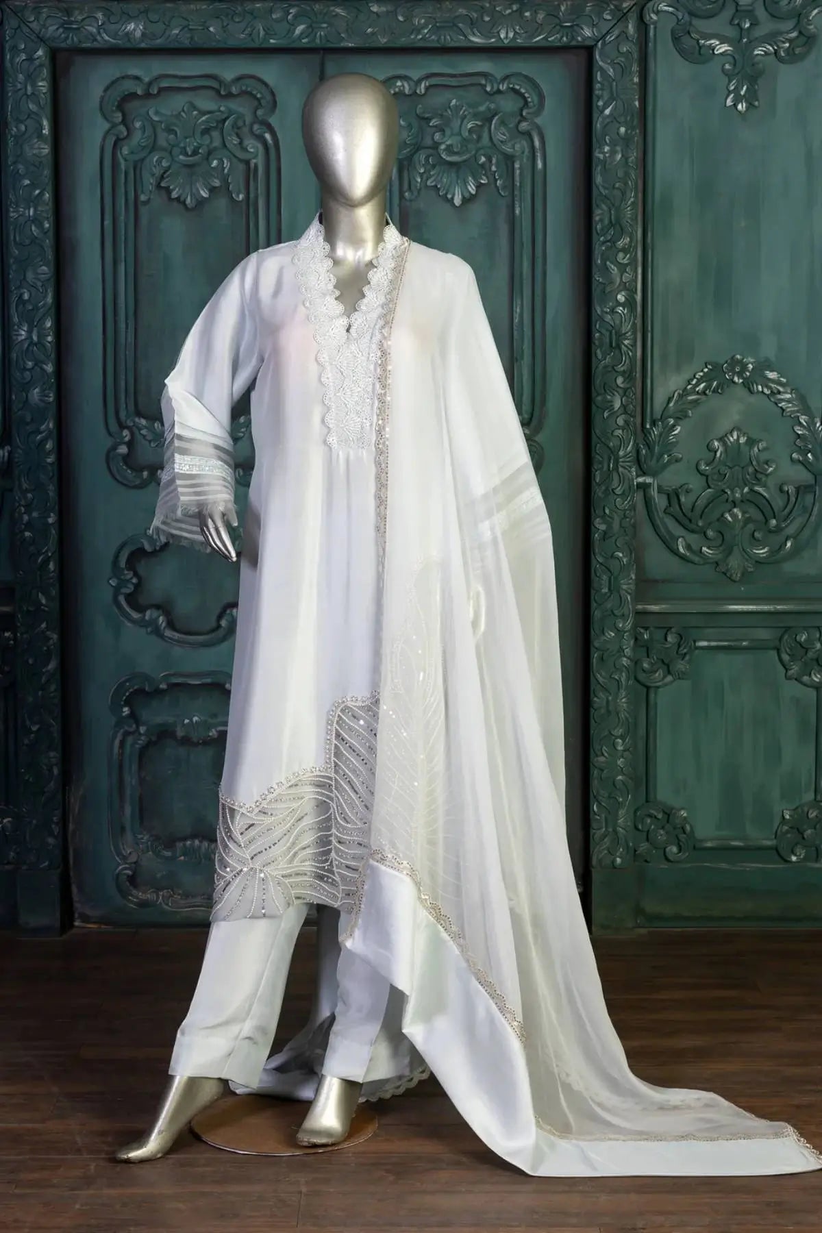 Chandani-Elegant Light Grey Embroidered Pakistani Formal Wear for Women