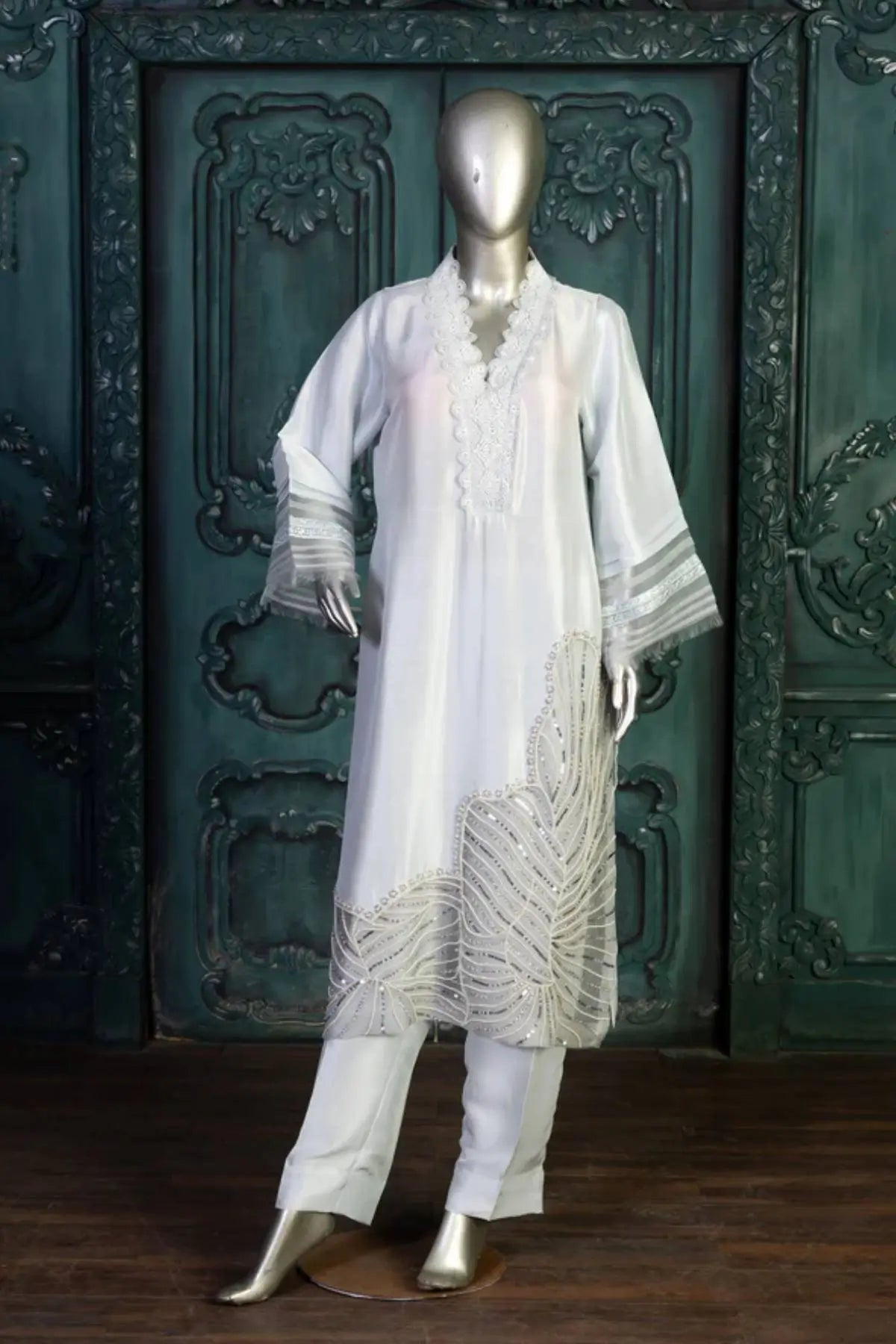 Chandani-Elegant Light Grey Embroidered Pakistani Formal Wear for Women
