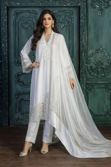 Chandani-Elegant Light Grey Embroidered Pakistani Formal Wear for Women