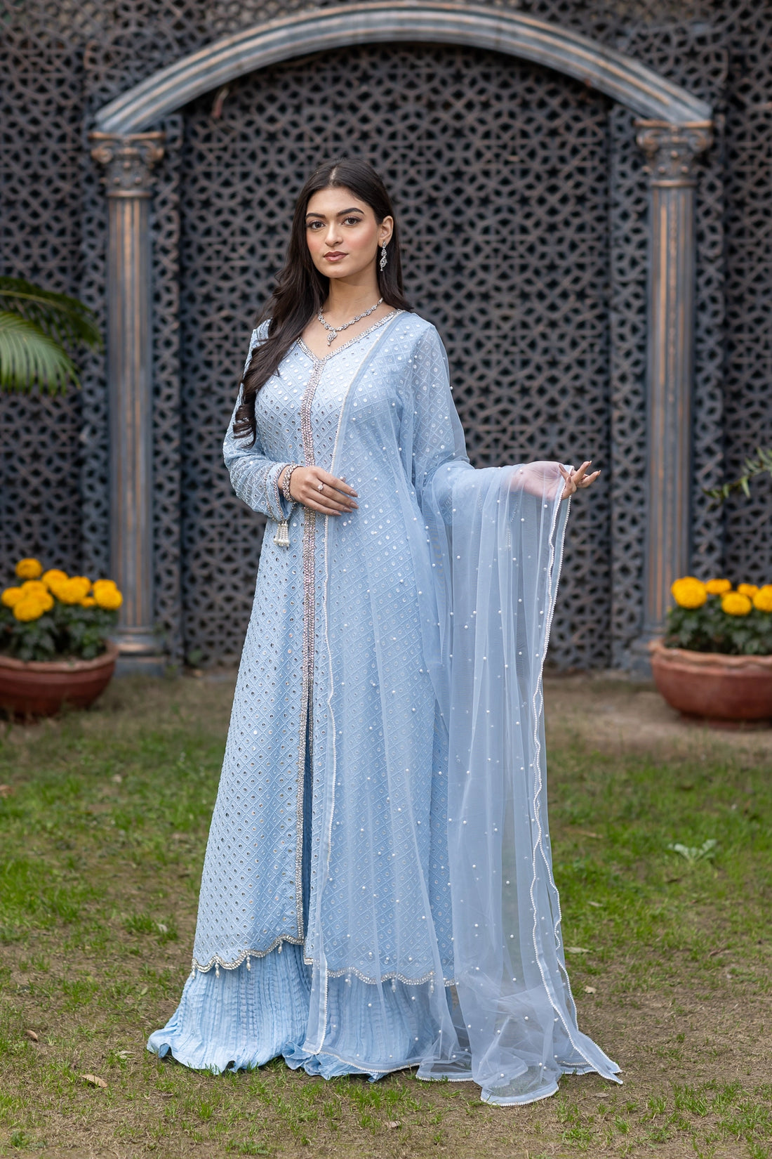 Chandani periwinkle blue chiffon sharara 3PC Eid Edit 2026 by MariamRaj