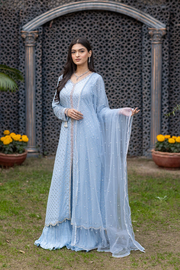 Chandani periwinkle blue chiffon sharara 3PC Eid Edit 2026 by MariamRaj