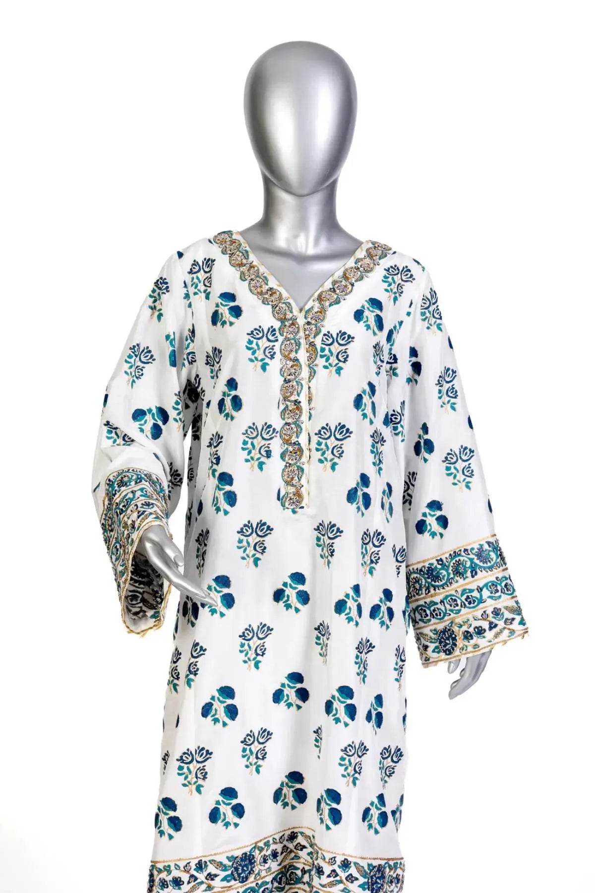 Chandni – Pakistani White & Blue Korean Silk 3pc Suit Canada Online