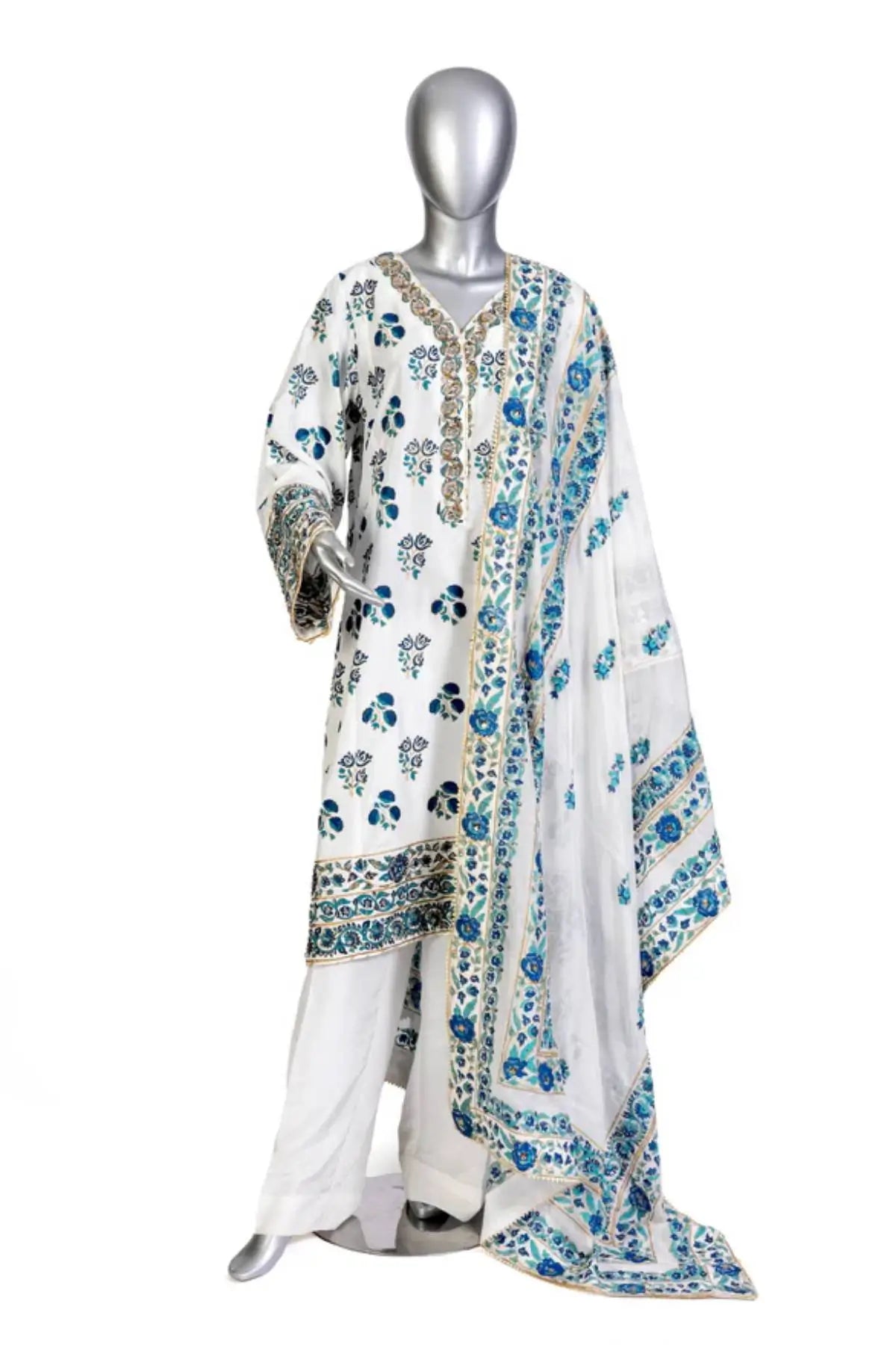 Chandni – Pakistani White & Blue Korean Silk 3pc Suit Canada Online