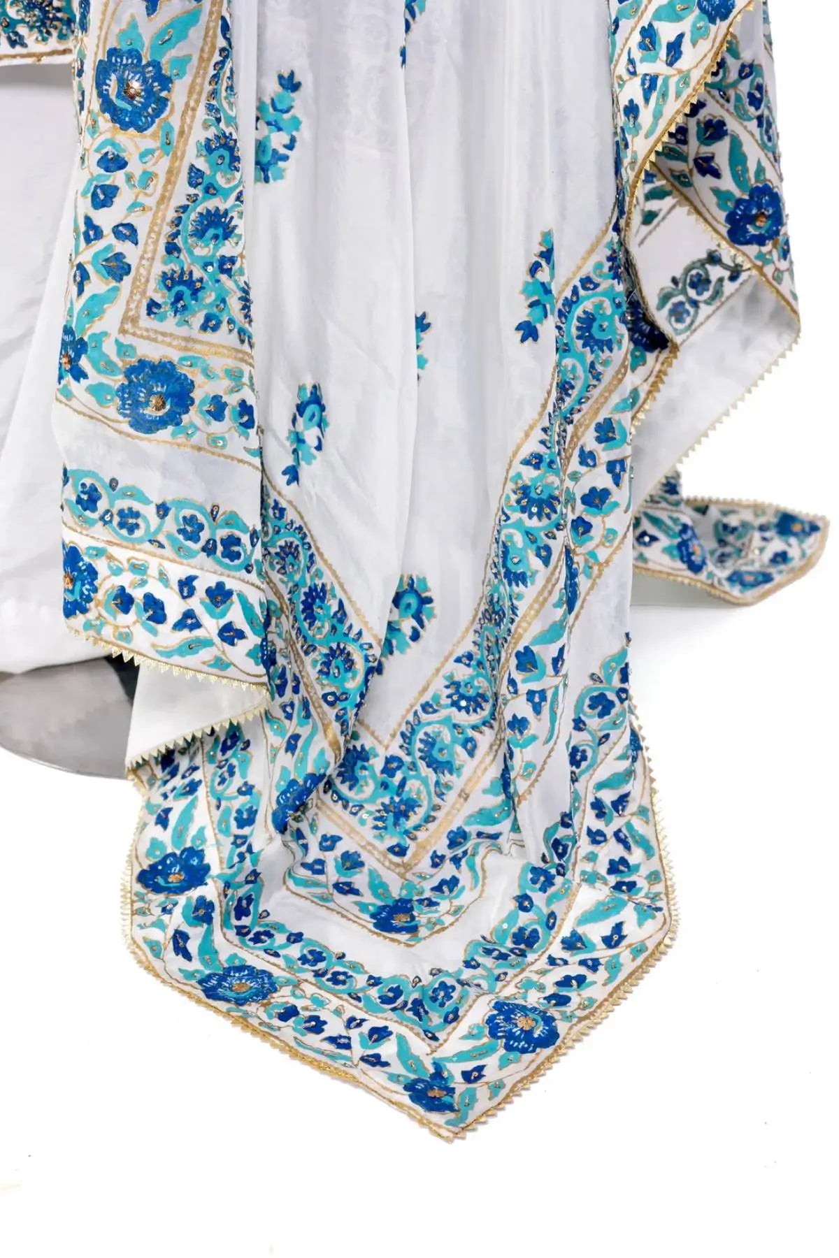 Chandni – Pakistani White & Blue Korean Silk 3pc Suit Canada Online