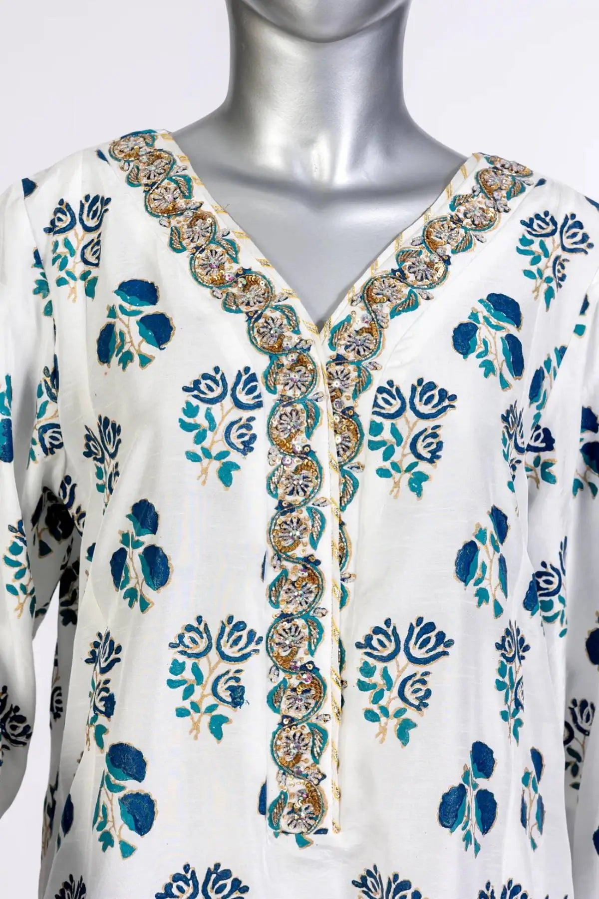Chandni – Pakistani White & Blue Korean Silk 3pc Suit Canada Online