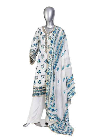 Chandni – Pakistani White & Blue Korean Silk 3pc Suit Canada Online