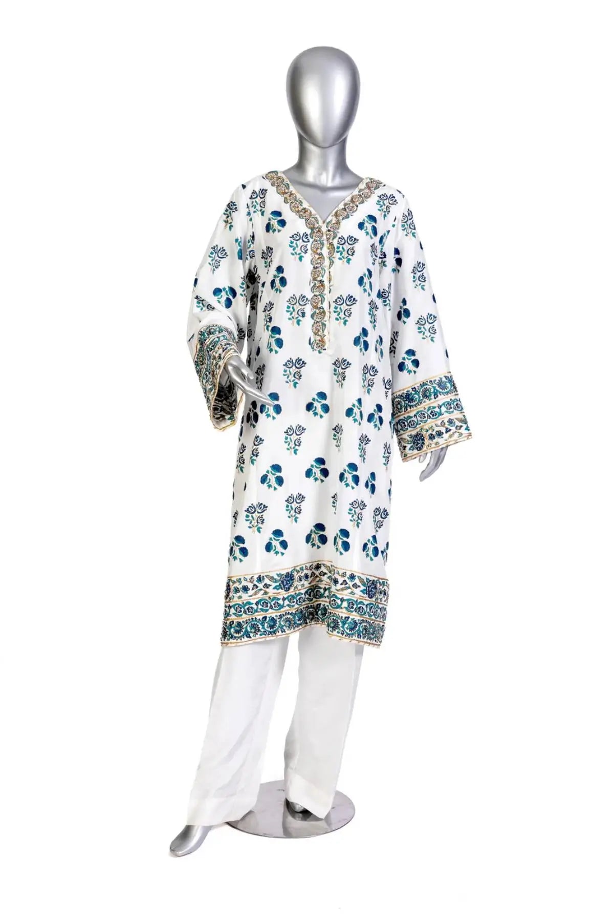 Chandni – Pakistani White & Blue Korean Silk 3pc Suit Canada Online
