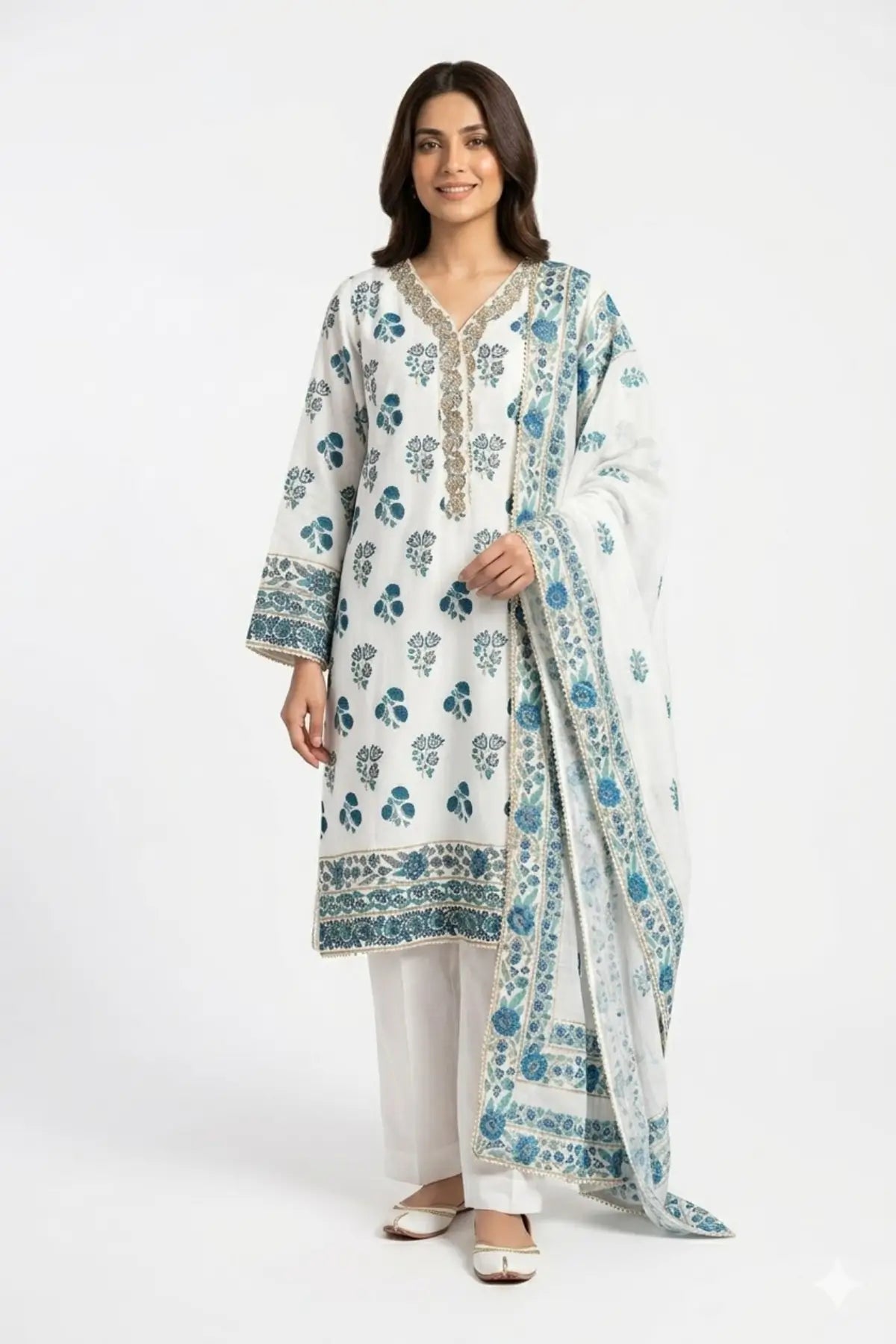 Chandni – Pakistani White & Blue Korean Silk 3pc Suit Canada Online