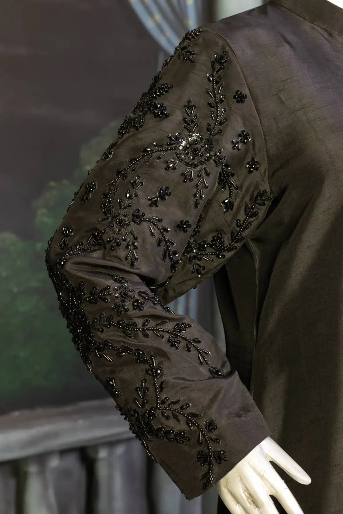 Chic Monochrome- Statement Black Korean Silk Suit for Festive Occasions