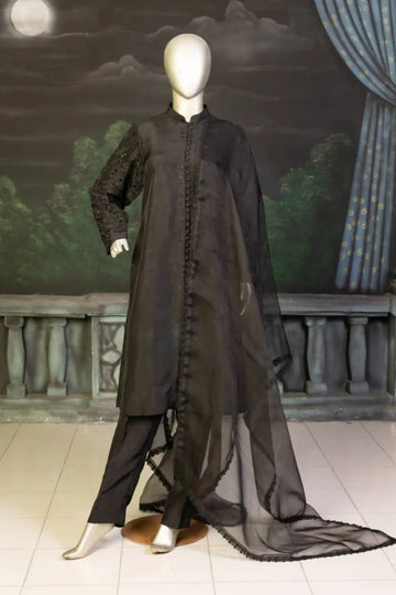 Chic Monochrome- Statement Black Korean Silk Suit for Festive Occasions
