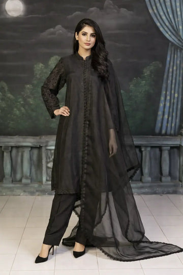 Chic Monochrome- Statement Black Korean Silk Suit for Festive Occasions