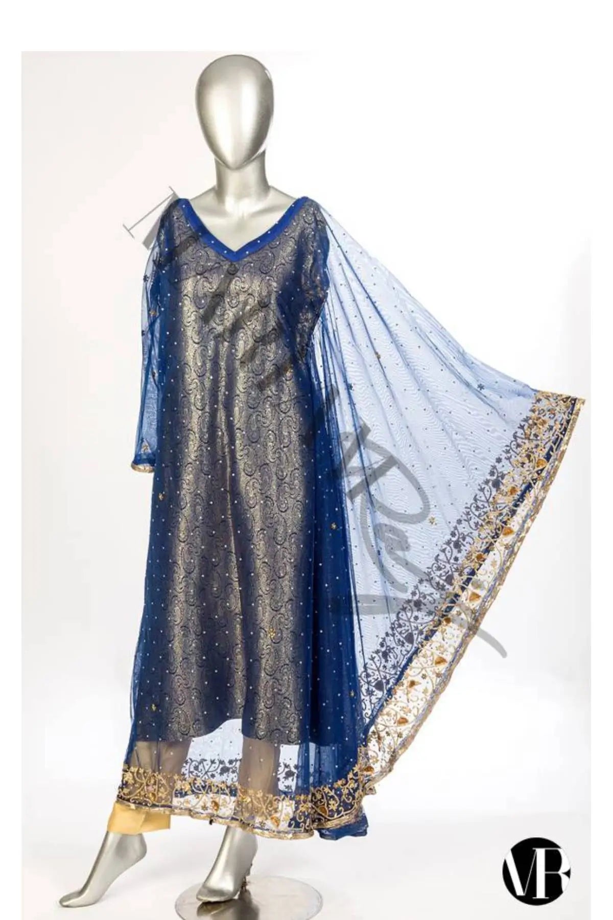 Cobalt Blue- A-Symetrical Hand Embellished Net Kaftaan