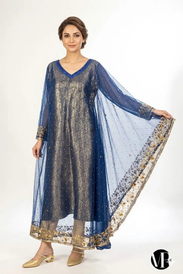 Cobalt Blue- A-Symetrical Hand Embellished Net Kaftaan