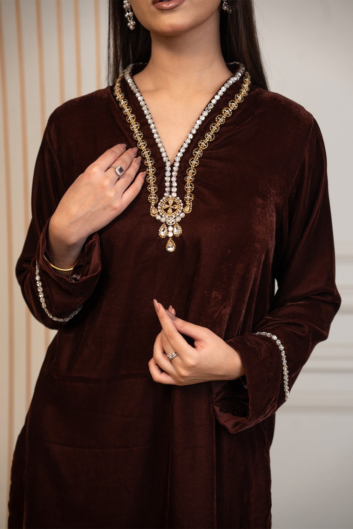 Cocoa Jewel chocolate brown pure velvet winter co-ord set with original stone work neckline by MariamRaj
