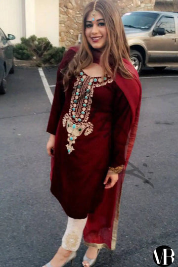 Crimson-Designer Velvet Suit with Intricate Embroidery