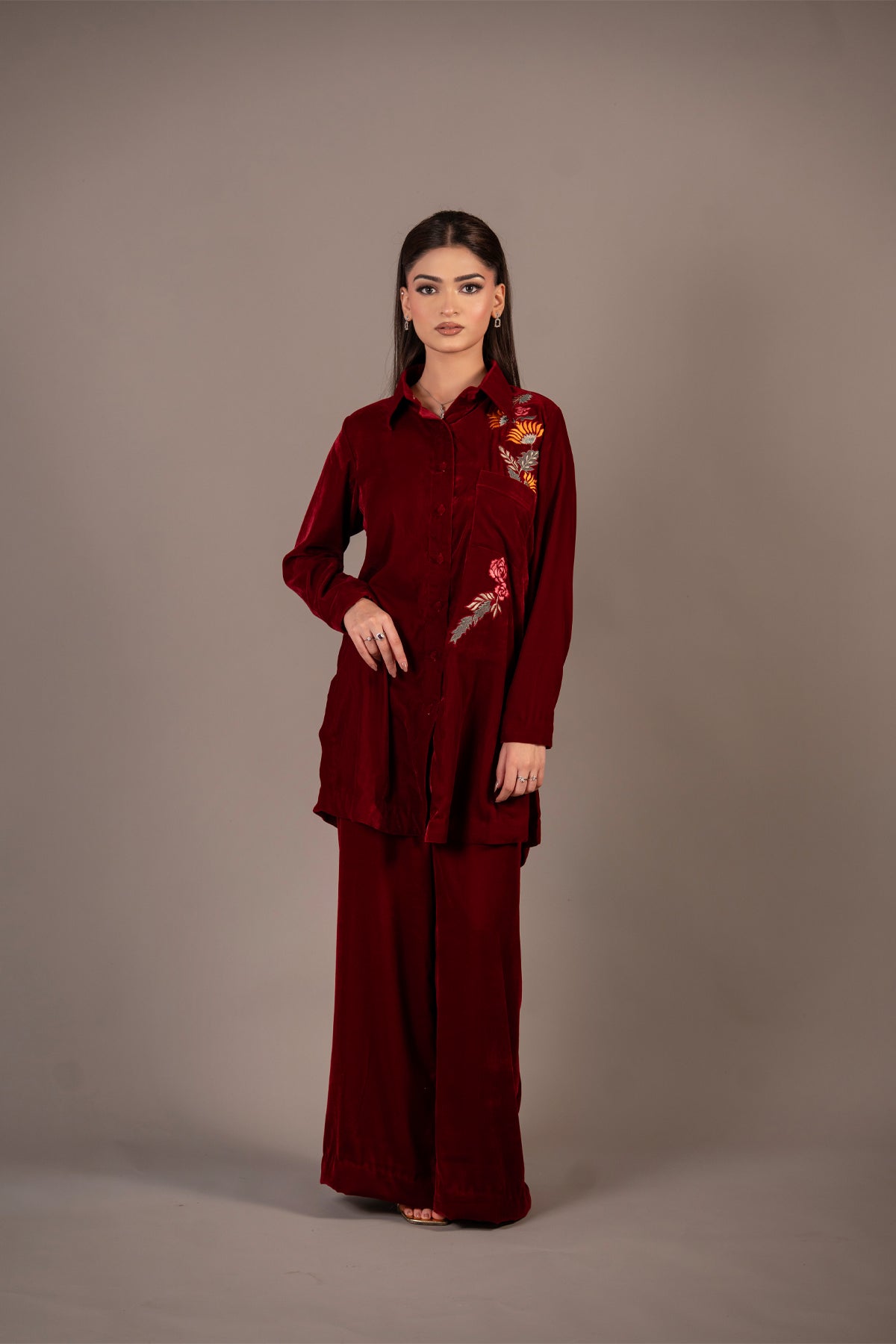 Crimson Flora maroon pure velvet button-down co-ord set with multicolour floral embroidery by MariamRaj