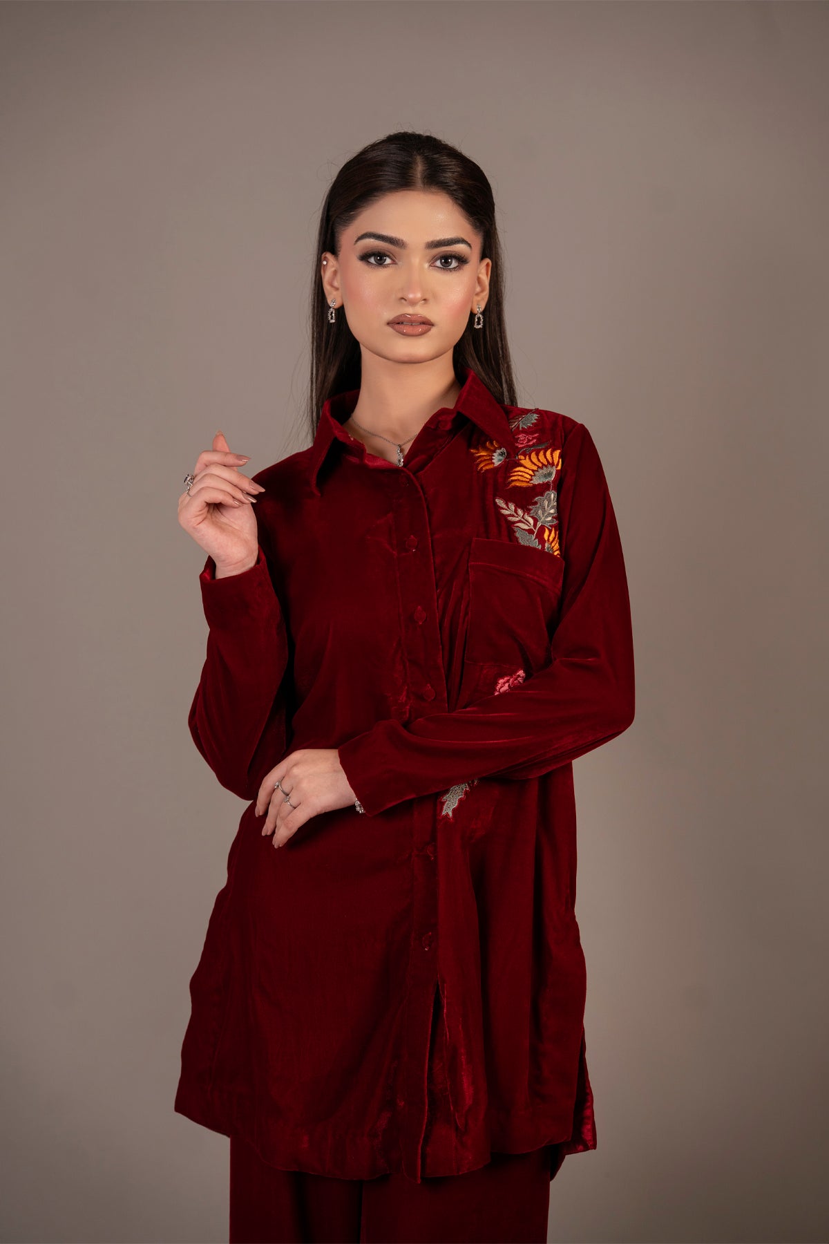 Crimson Flora maroon pure velvet button-down co-ord set with multicolour floral embroidery by MariamRaj