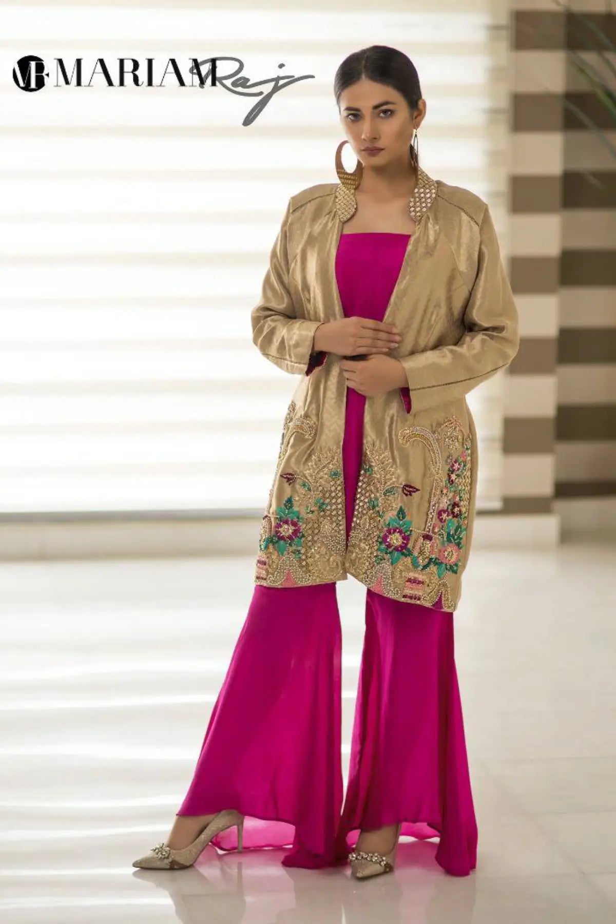 Crimson Gold- Pakistani Embellished Tissue Jacket with Silk Suit