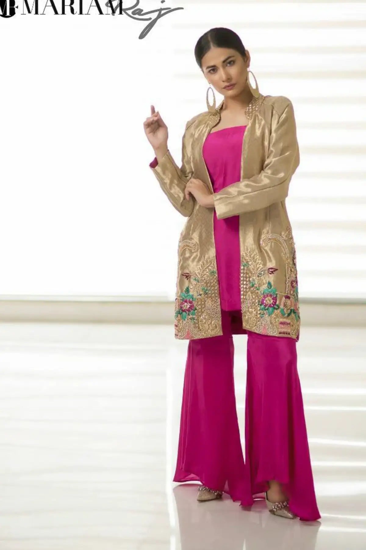 Crimson Gold- Pakistani Embellished Tissue Jacket with Silk Suit