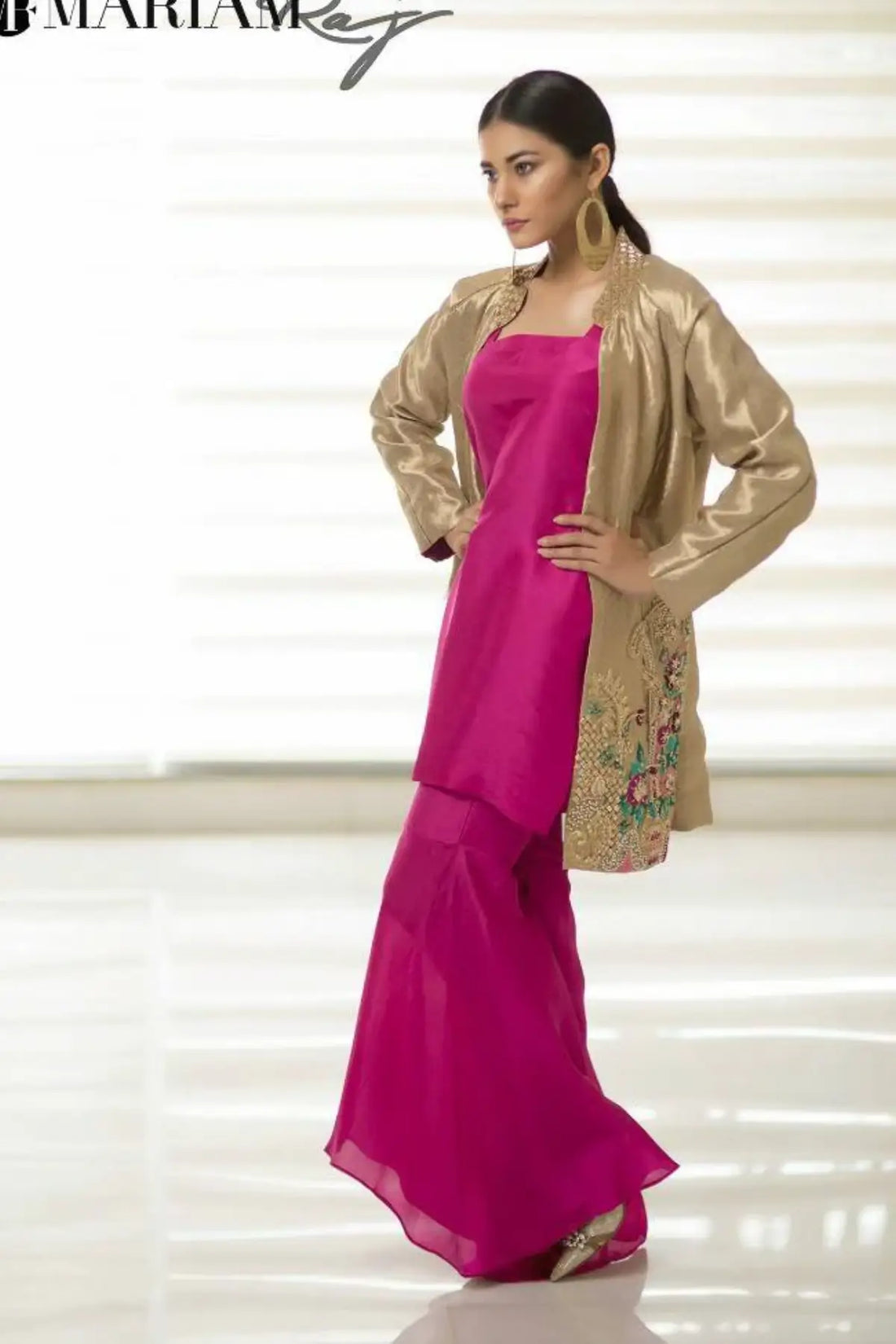 Crimson Gold- Pakistani Embellished Tissue Jacket with Silk Suit