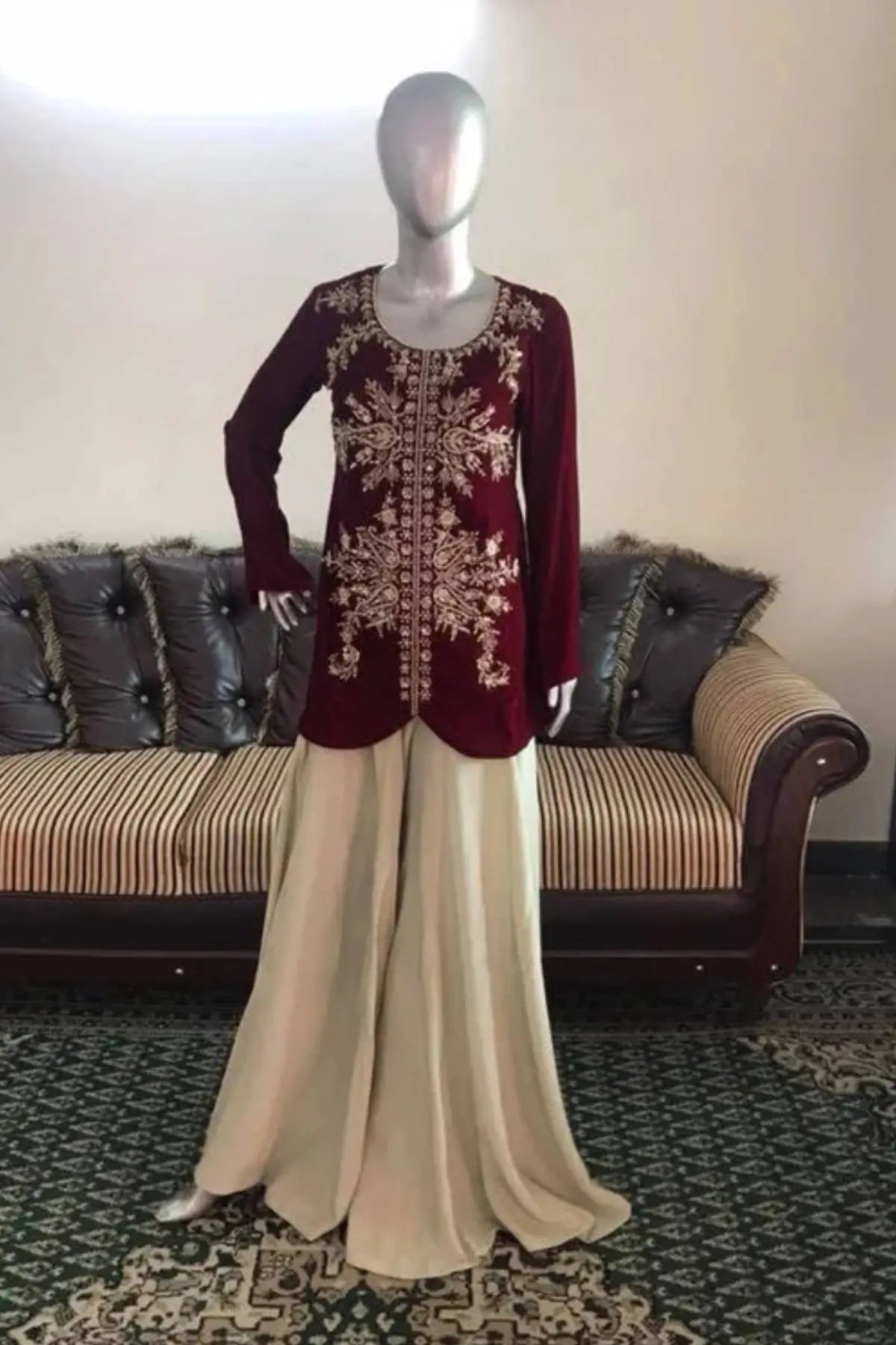Crimson Majesty-Luxury Maroon Velvet Outfit for Weddings