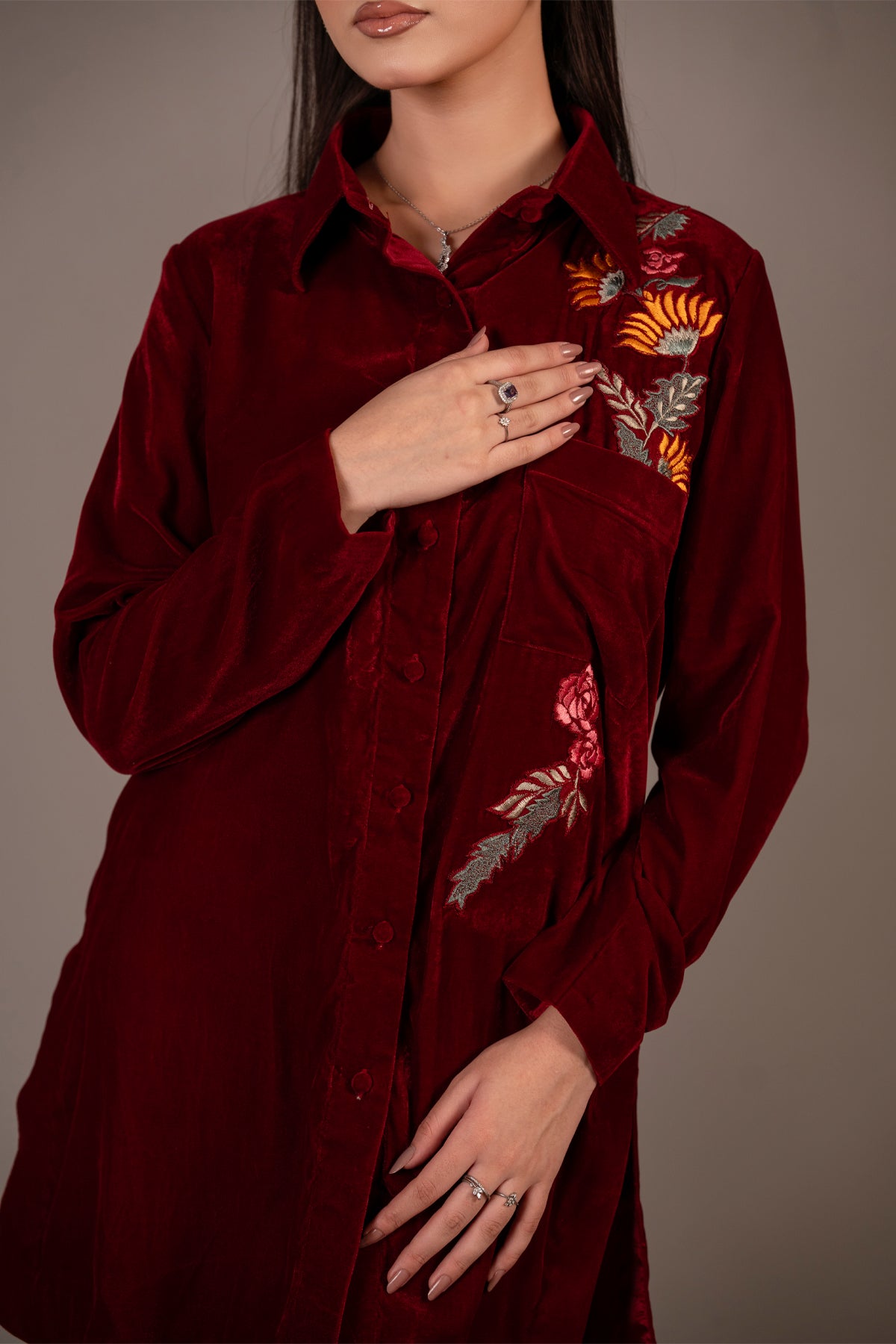 Crimson Flora maroon pure velvet button-down co-ord set with multicolour floral embroidery by MariamRaj
