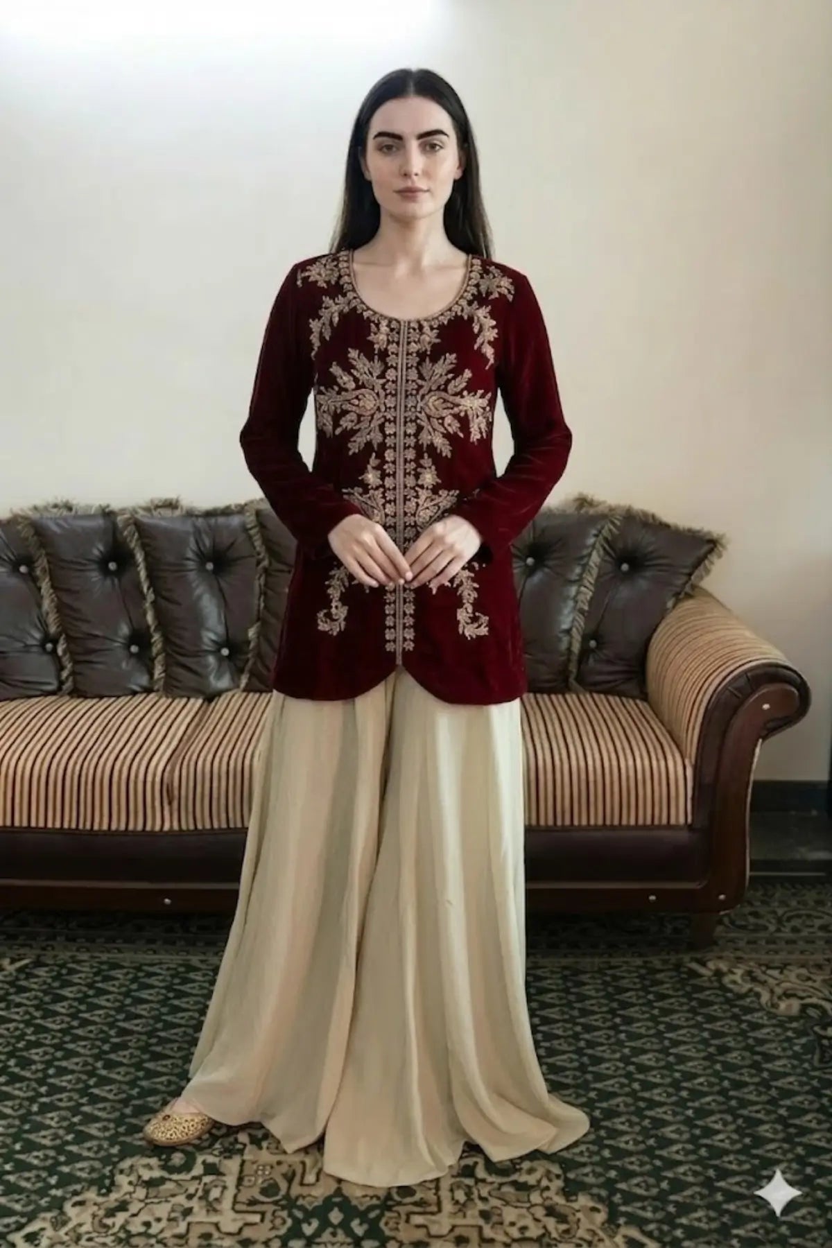 Crimson Majesty-Luxury Maroon Velvet Outfit for Weddings