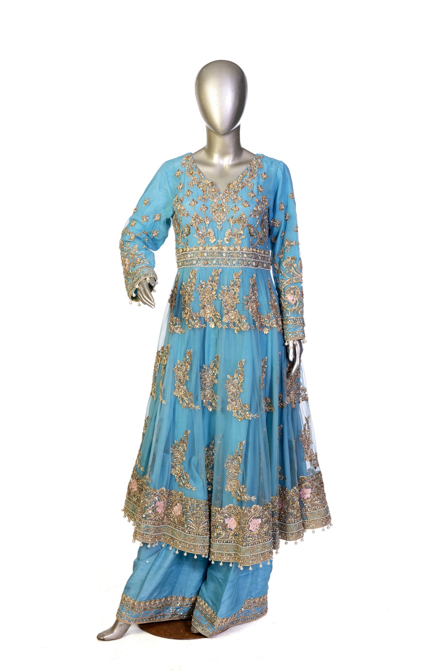 Sky-blue Pakistani Anarkali dress by MariamRaj with floral embroidery, sharara pants, and net dupatta – perfect for weddings and occasions in the USA.
