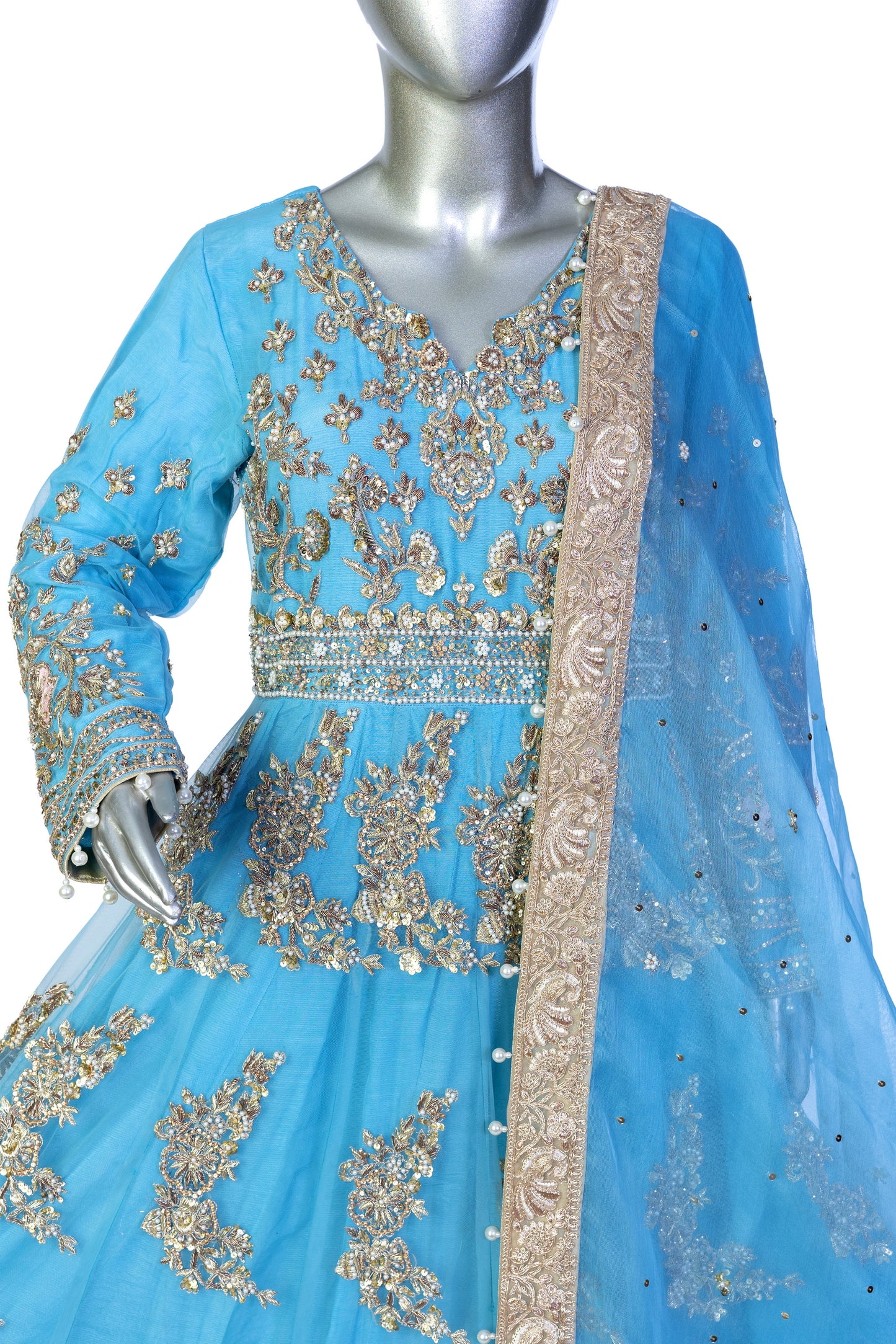 Sky-blue Pakistani Anarkali dress by MariamRaj with floral embroidery, sharara pants, and net dupatta – perfect for weddings and occasions in the USA.