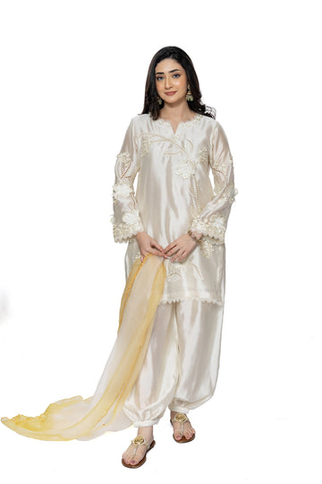 Deepika ivory & Lemon Sheesha silk stitched 3PC suit with 3D applique work and organza dupatta from Soroya by MariamRaj