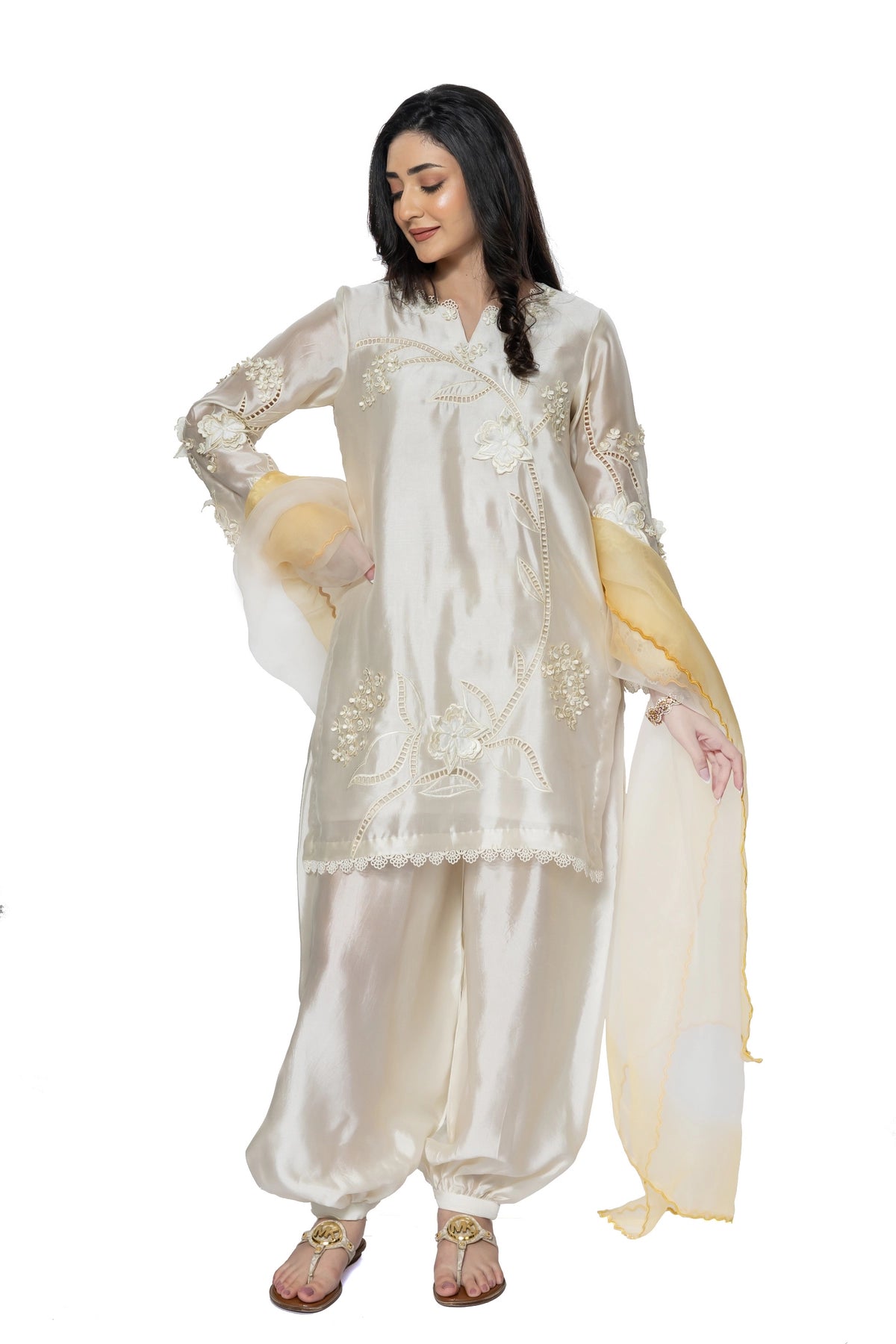 Deepika ivory & Lemon Sheesha silk stitched 3PC suit with 3D applique work and organza dupatta from Soroya by MariamRaj