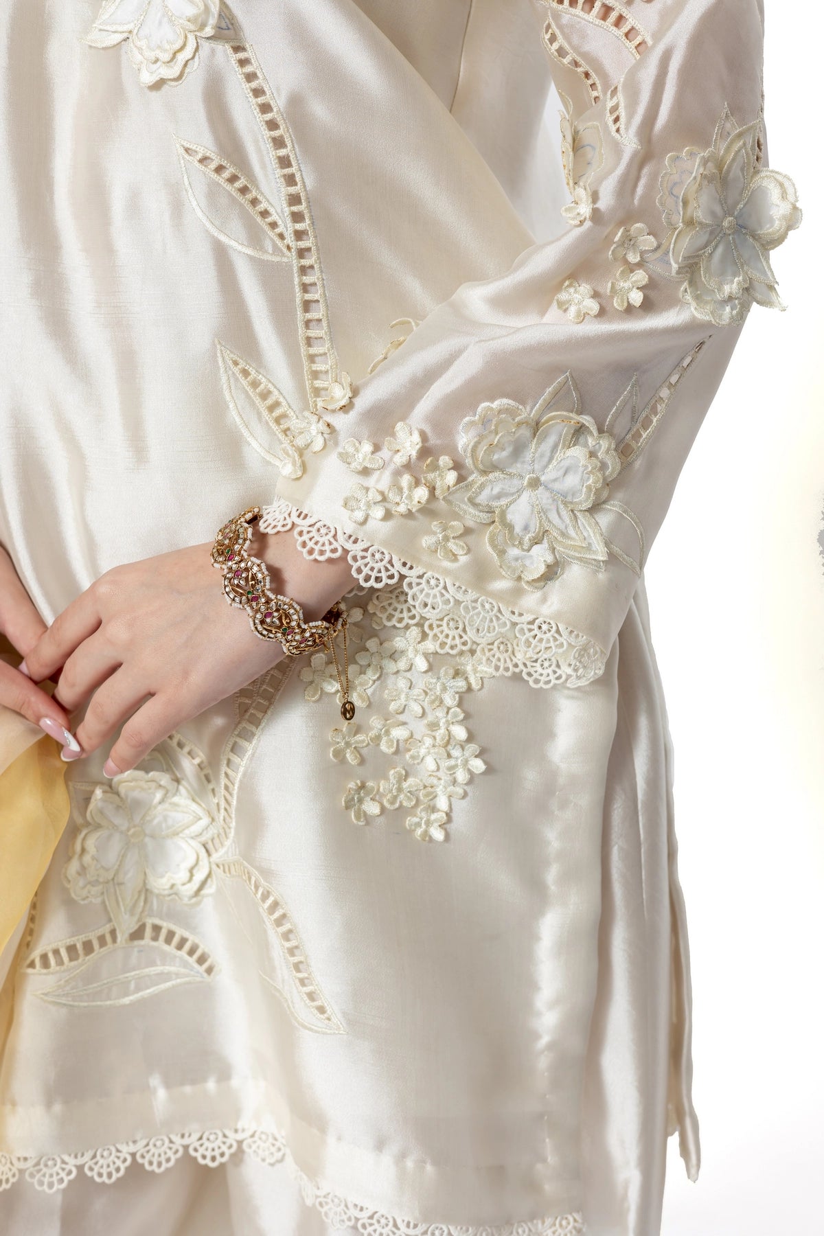 Deepika ivory & Lemon Sheesha silk stitched 3PC suit with 3D applique work and organza dupatta from Soroya by MariamRaj