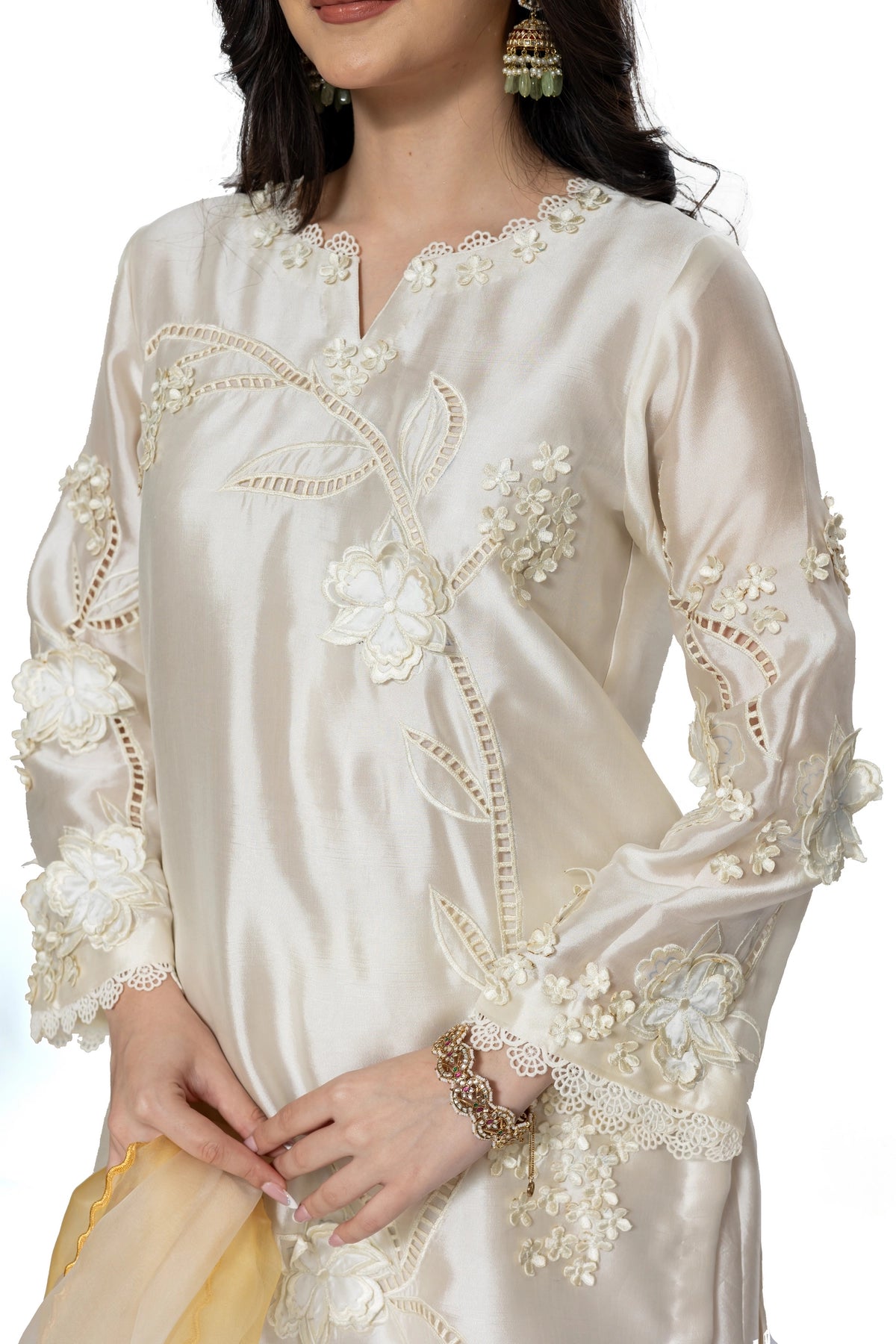 Deepika ivory & Lemon Sheesha silk stitched 3PC suit with 3D applique work and organza dupatta from Soroya by MariamRaj