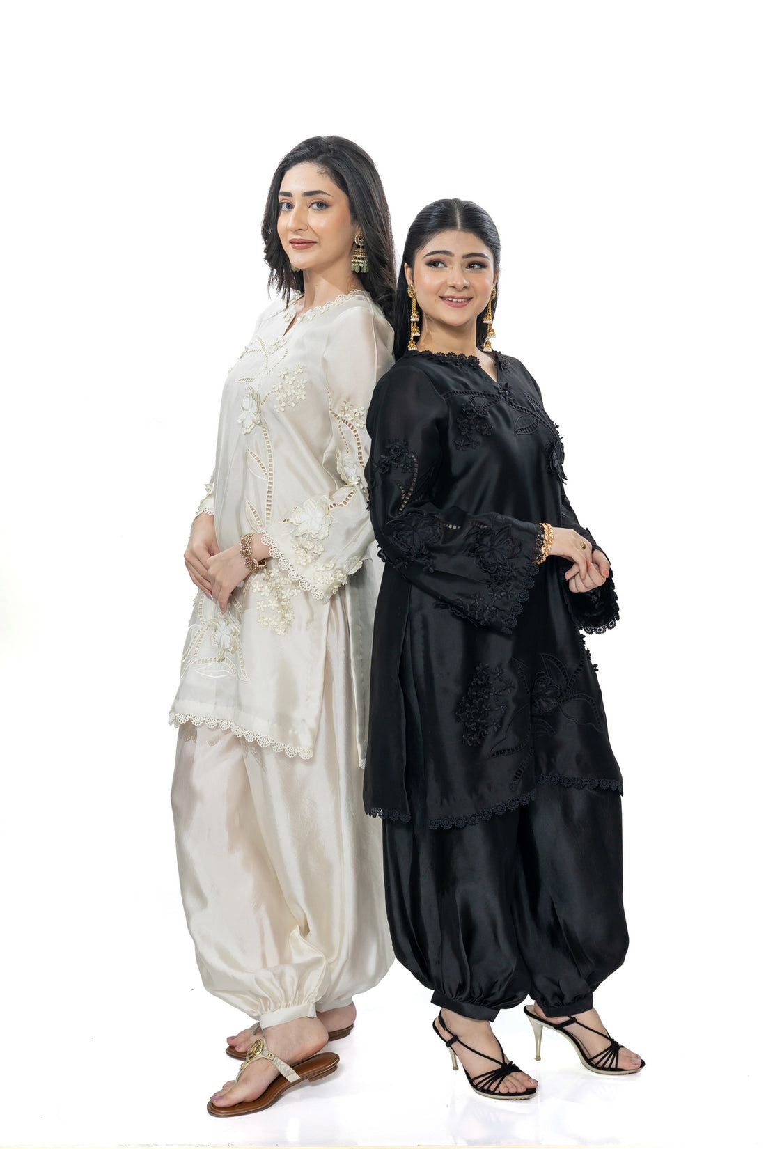 Deepika ivory & Lemon Sheesha silk stitched 3PC suit with 3D applique work and organza dupatta from Soroya by MariamRaj